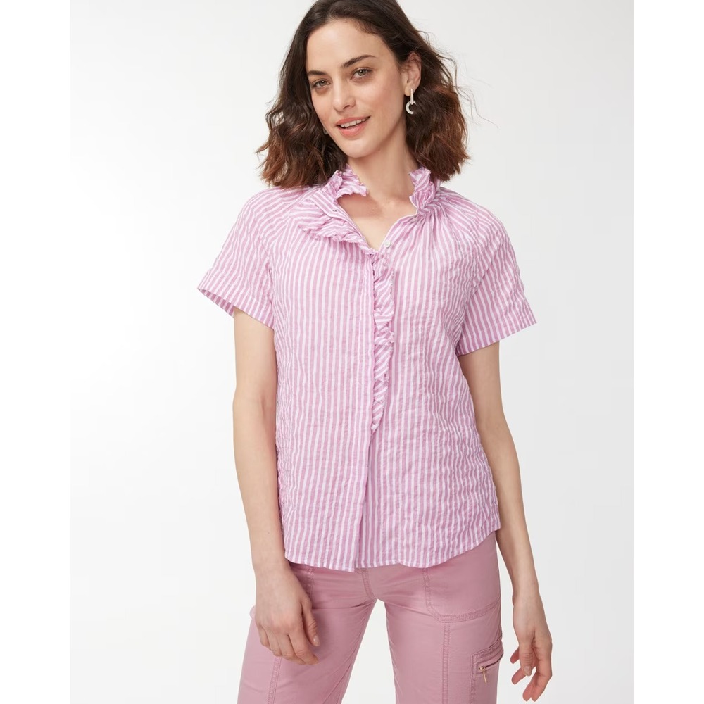 Chicos Pink White Striped Top Size 4(20) Cotton Blend Ruffled Feminine Coastal